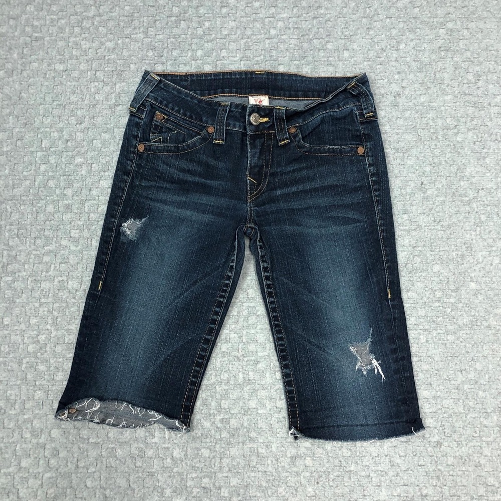 True Religion Becky Bermuda Shorts Womens 30 Blue Distressed Denim Raw Hem Jorts